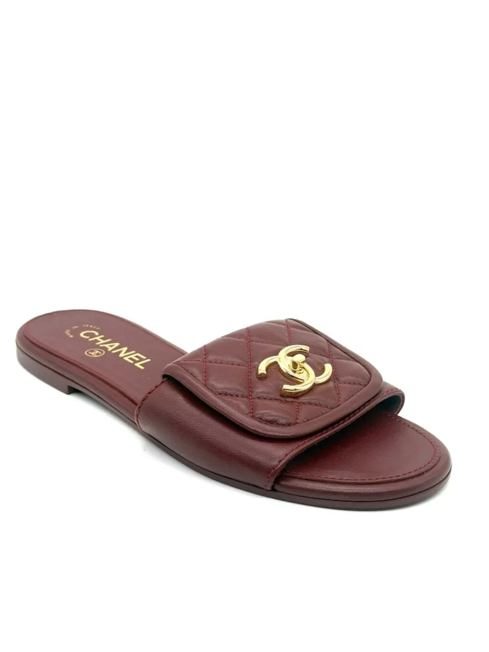 CHANEL 25B Leather Quilted Tab Turn Lock Turnlock CC Mules Sandals Flats Slides